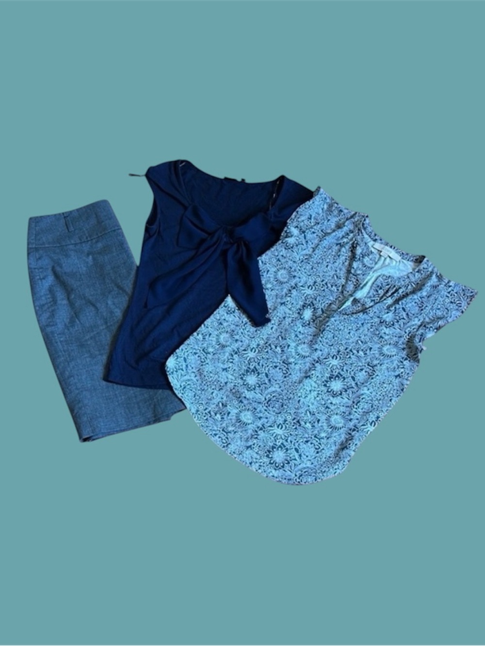 (3) Blue Printed Short Sleeve Blouse + Navy Top & Grey Skirt Set